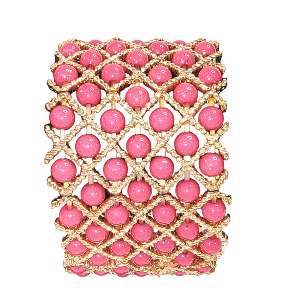 Unbranded Jewelry - Boho Beaded Wide Gold Tone Metal 7 Rows Pink Beads Elasticized Cuff Bracelet